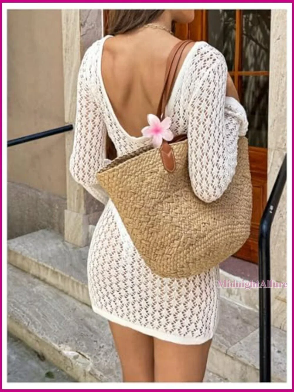 Long Sleeve Crochet Beach Cover Up Hollow Out Mesh Swim Dress